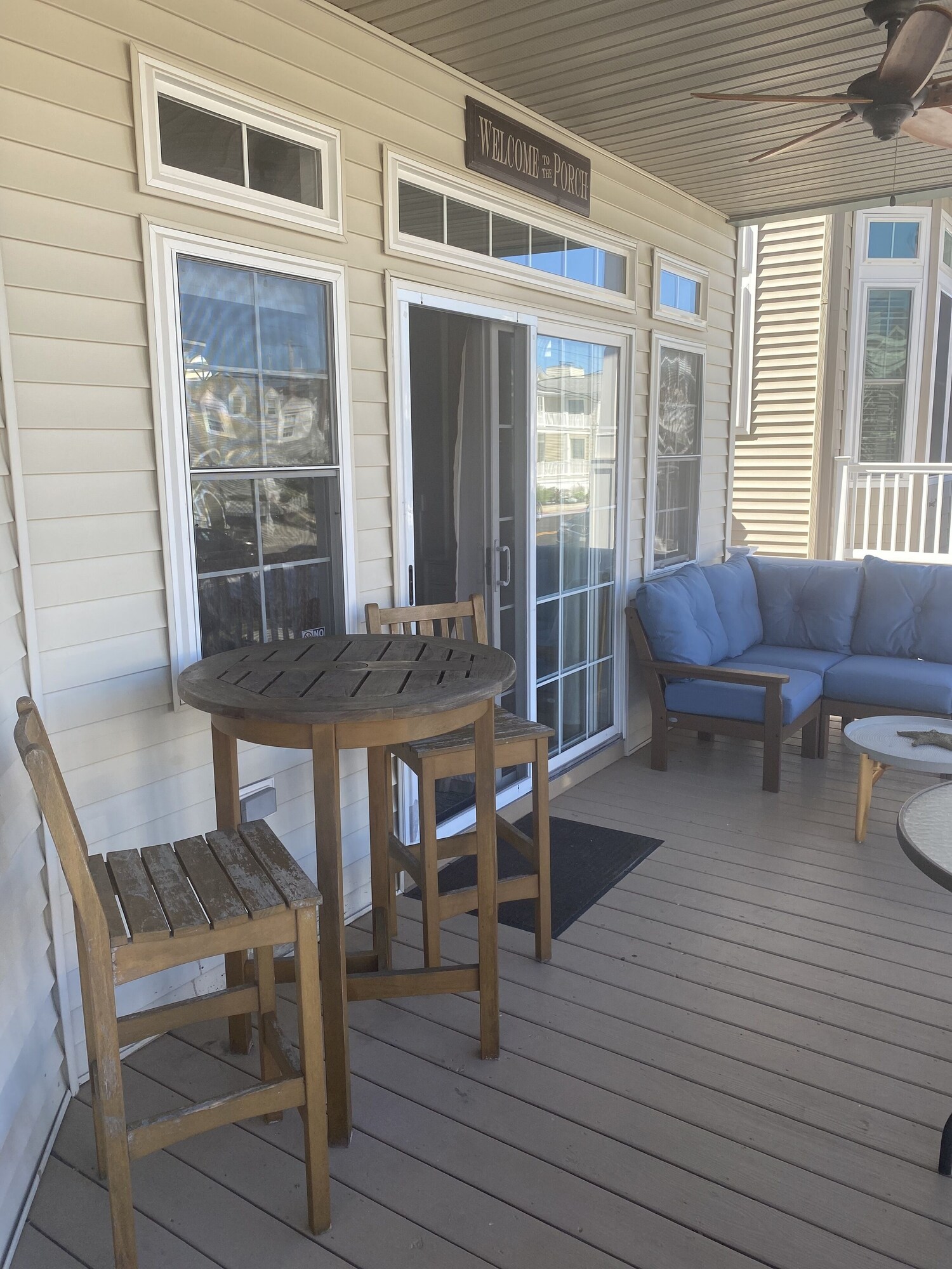 Covered front deck with seating